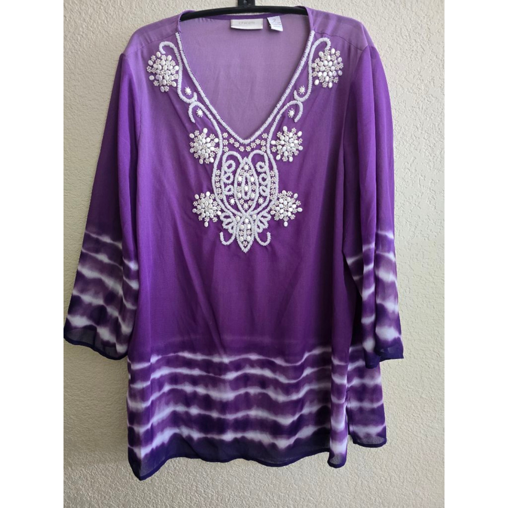 Chico's Purple & White Tie-Dye Beaded Tunic Top